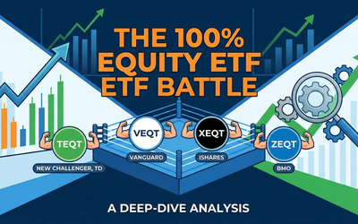 Image showing a battle between TEQT, XEQT, VEQT and ZEQT all-in-one asset allocation equity ETFs.