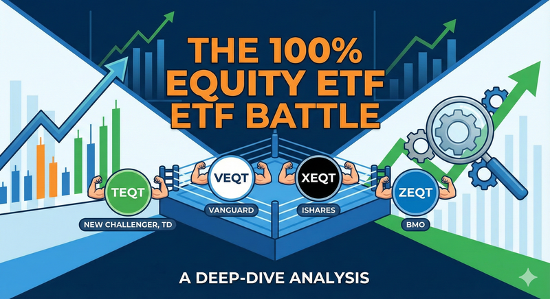 Image showing a battle between TEQT, XEQT, VEQT and ZEQT all-in-one asset allocation equity ETFs.
