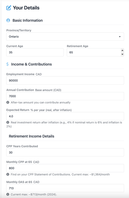 Image showing the inputs needed for our TFSA vs RRSP Calculator